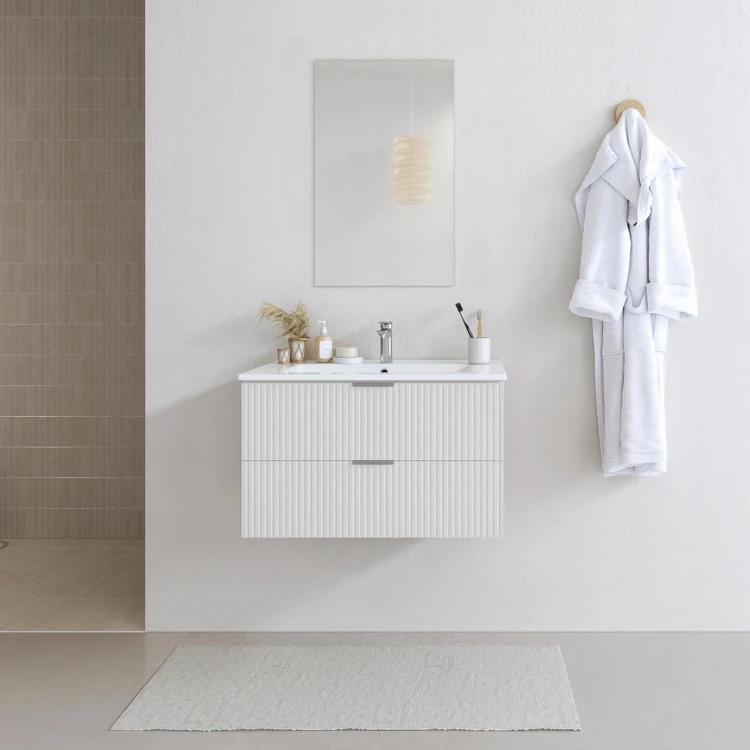 Meuble de salle de bains suspendu texturé 2 tiroirs avec vasque