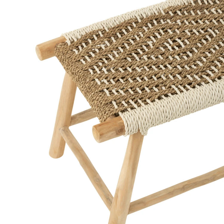 Taburete de madera de teca y cuerda de jacinto de agua trenzada bicolor