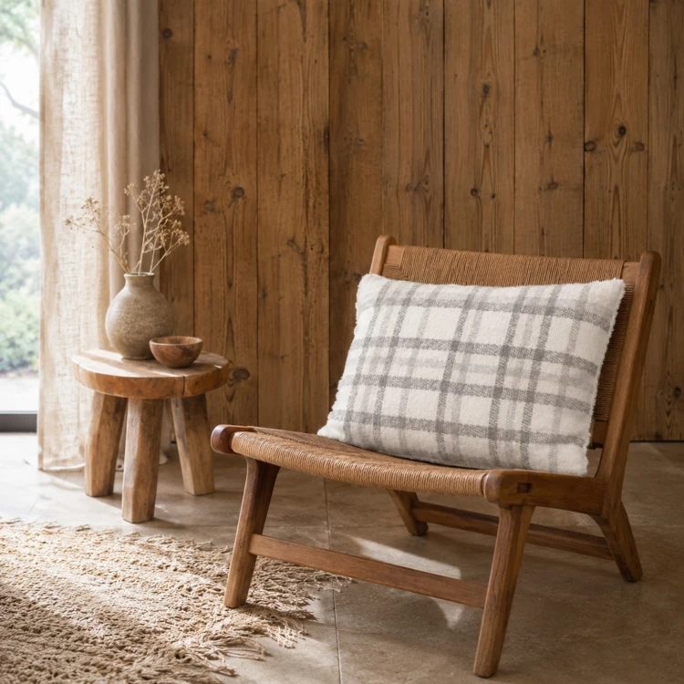 Coussin à carreaux effet mohair avec dos sherpa