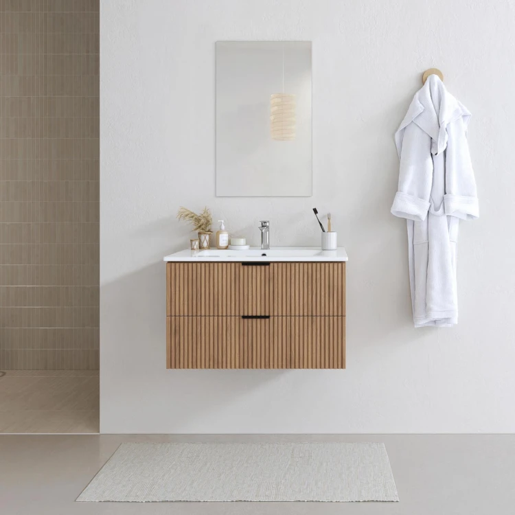 Meuble de salle de bains suspendu texturé 2 tiroirs avec vasque