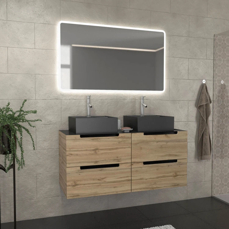 Ensemble de salle de bains avec 2 vasques et 1 miroir rectangulaires à led