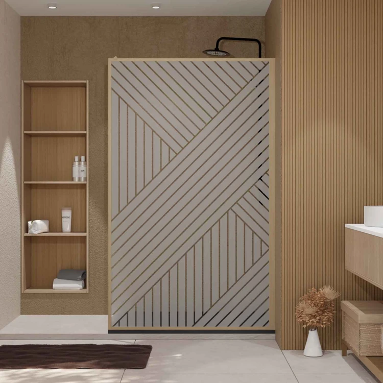 Paroi de douche en verre sérigraphié style Japandi motif géométrique