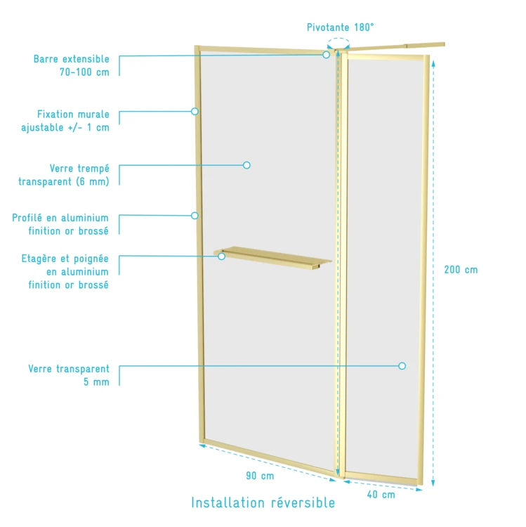 Paroi de douche à l’italienne 3-en-1 avec volet pivotant