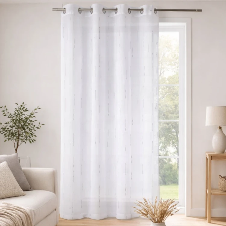 Voilage blanc print traits blancs et gris