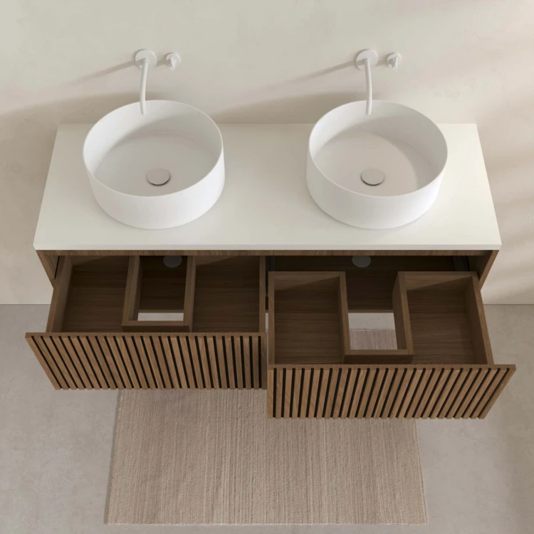 Meuble de salle de bain suspendu avec façade crantée, vasque(s) ronde(s) et miroir(s) ovales