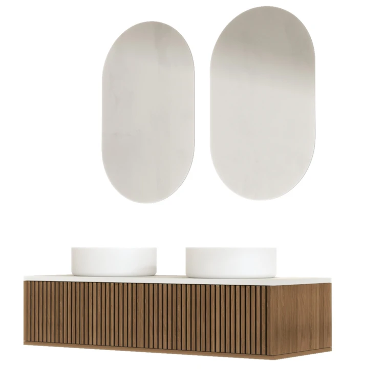 Meuble de salle de bain suspendu avec façade crantée, vasque(s) ronde(s) et miroir(s) ovales