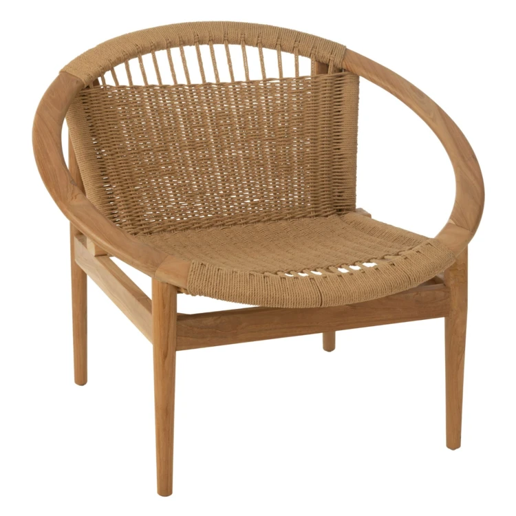 Fauteuil salon design rond bois et fibres naturelles