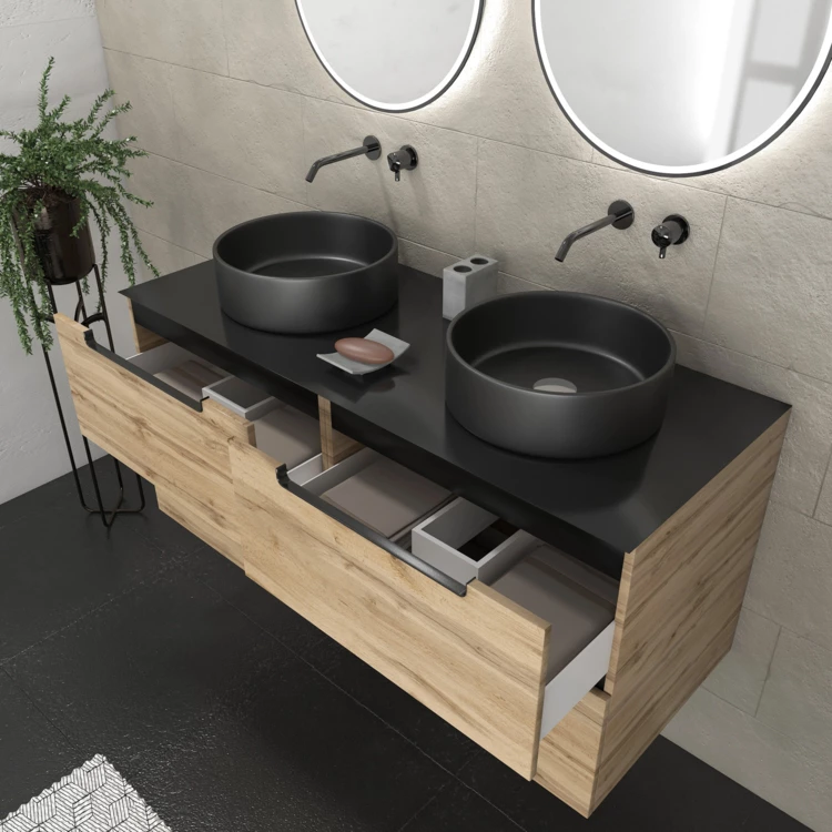 Meuble de salle de bains avec 2 vasques rondes et 2 miroirs ronds à led noir