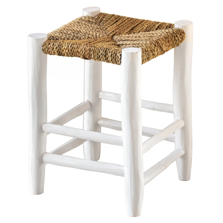 Sgabello in legno bianco e fibre di palma
