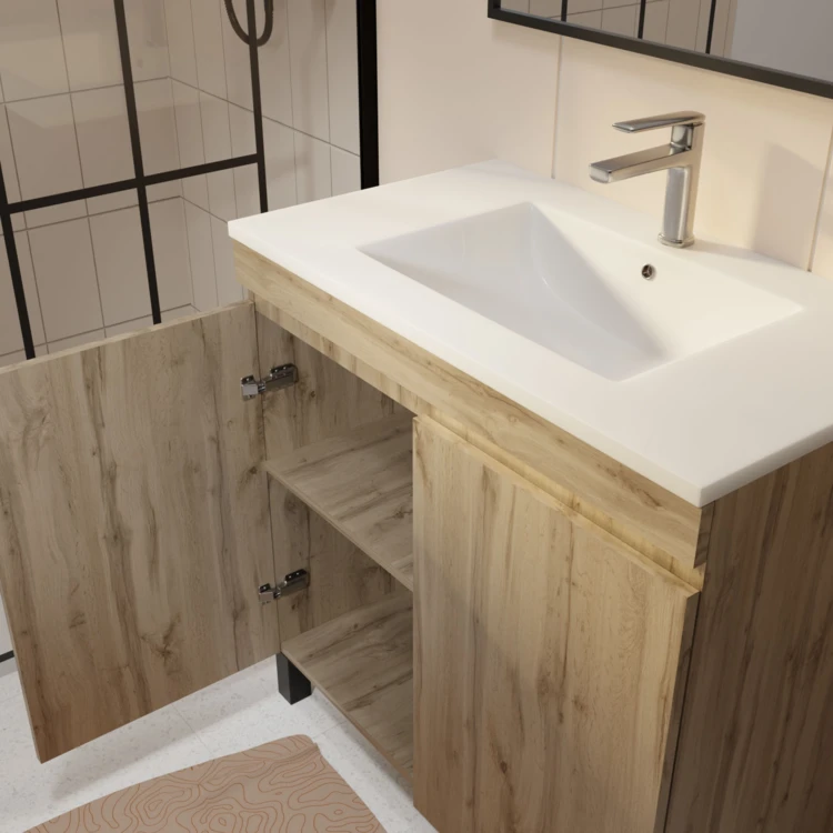 Meuble de salle de bains sur pieds 2 portes avec vasque en céramique