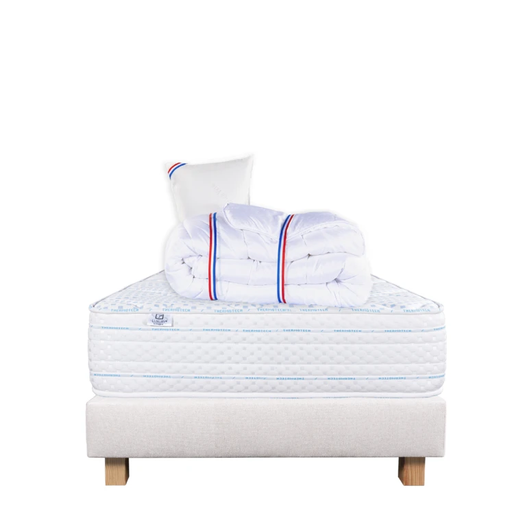 Ensemble Matelas  épaisseur 24 cm, ferme, face été/hiver + sommier beige ep20cm + 2 oreillers + couette