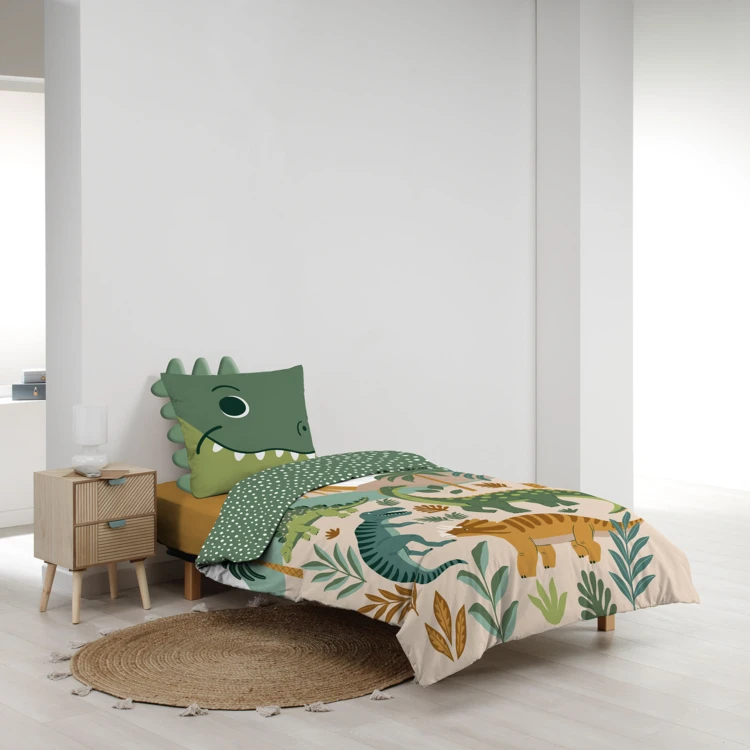 2-teiliges Kinderbettwäscheset aus 100 % Baumwolle mit Dinosaurier-Motiv: Bettbezug + Kissenbezug
