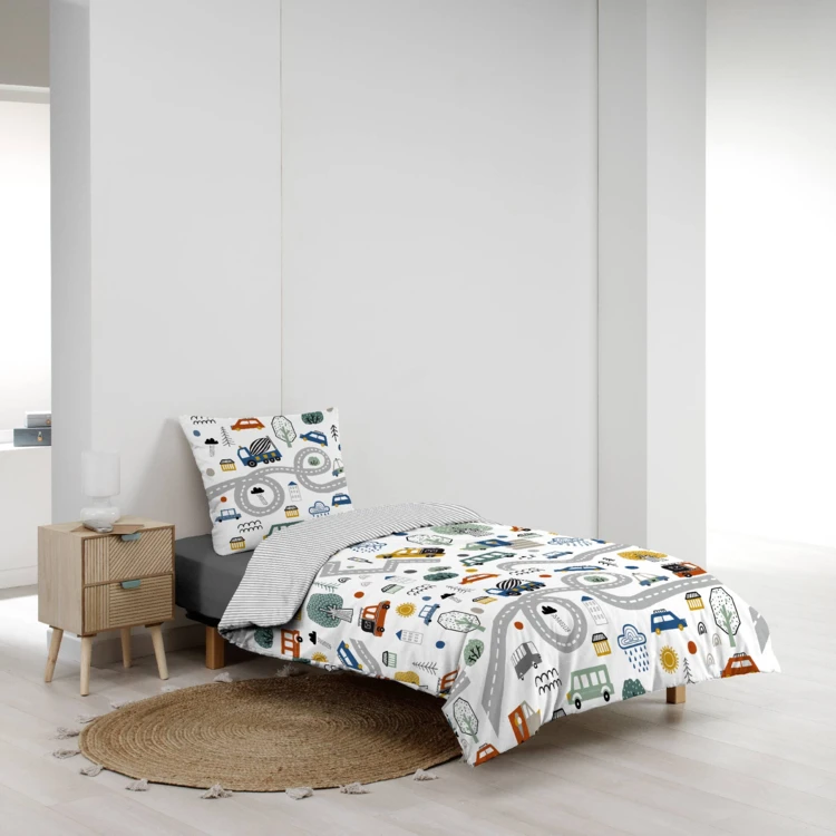 Parure de lit enfant réversible en coton motif véhicules et routes