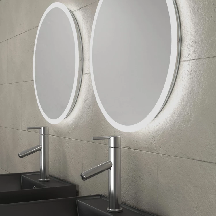 Ensemble de salle de bains avec 2 vasques rectangulaires et 2 miroirs ronds à led