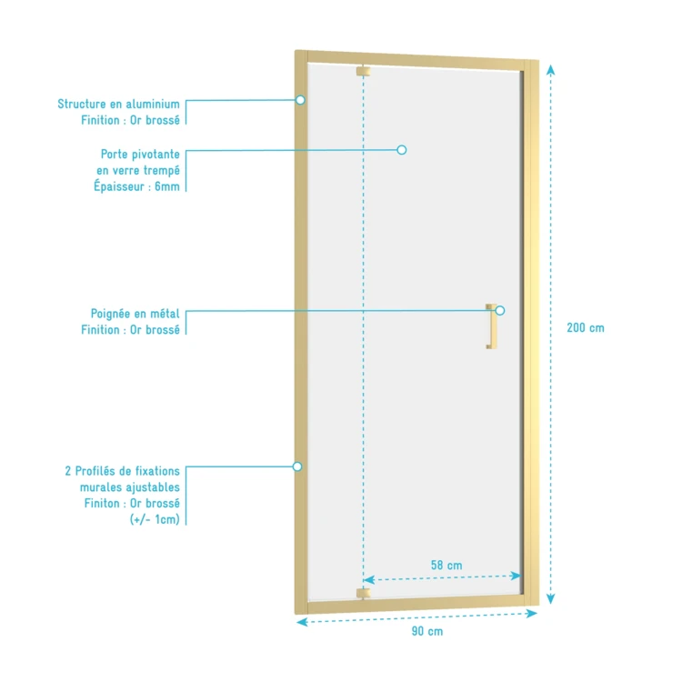 Porte de douche pivotante en or brossé