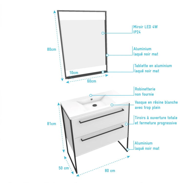 Pack caisson vasque et miroir à led