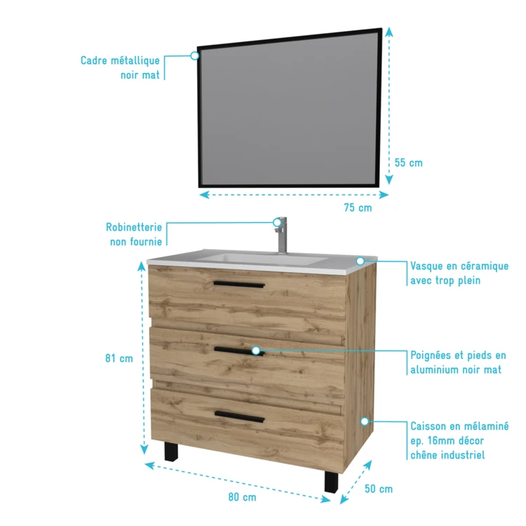 Pack caisson à tiroirs avec vasque et miroir