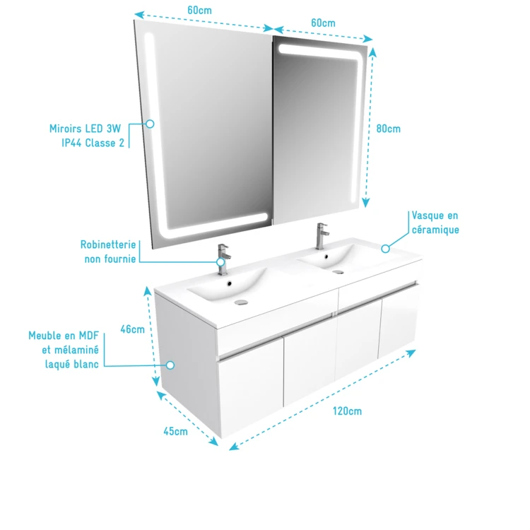 Ensemble de meubles avec vasques et miroirs led intégrée