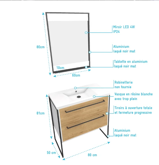 Ensemble meuble à  2 tiroirs, vasque et miroir à led