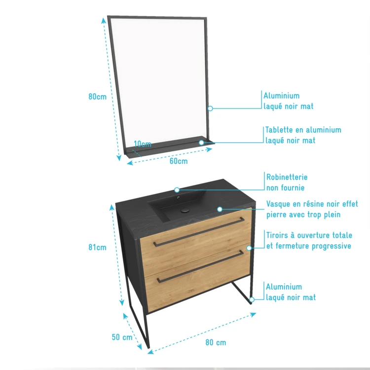 Ensemble caisson à tiroirs vasque et miroir simple