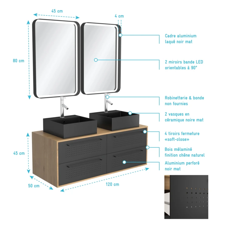 Pack avec meubles de salle de bains avec 2 vasques et 2 miroirs