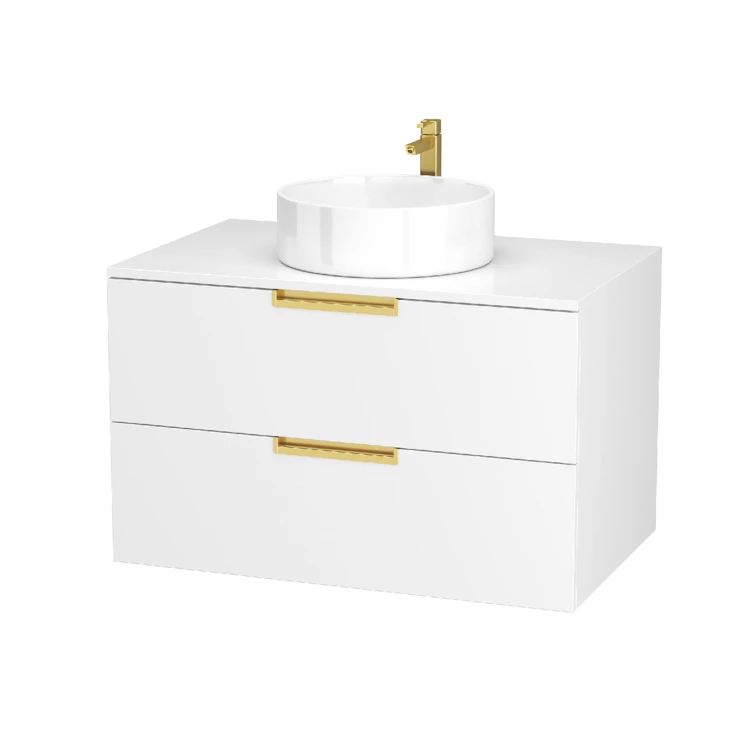 Pack meuble de salle de bains avec poignées or et vasque ronde