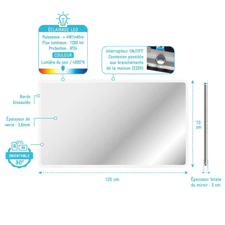 Miroir rectangulaire à leds