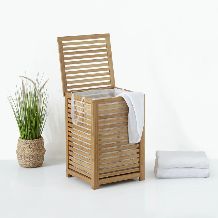 BAKAJI Panier à Linge Sale En Bambou Avec Sac Tissu Amovible - 70L - 40x30x60 Cm - Couvercle Et Poignées
