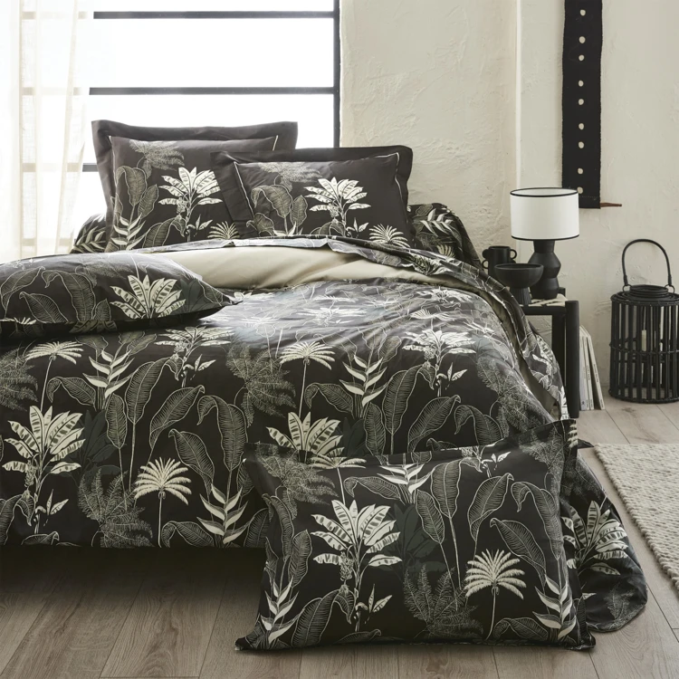 Housse de couette en satin aux feuilles tropicales