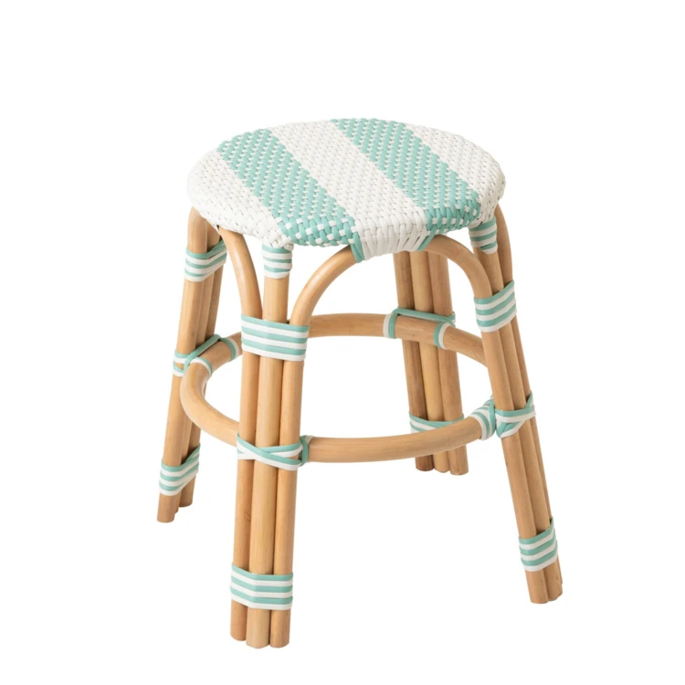 TABOURET LIGNÉ ROTIN BLEU CLAIR/BLANC