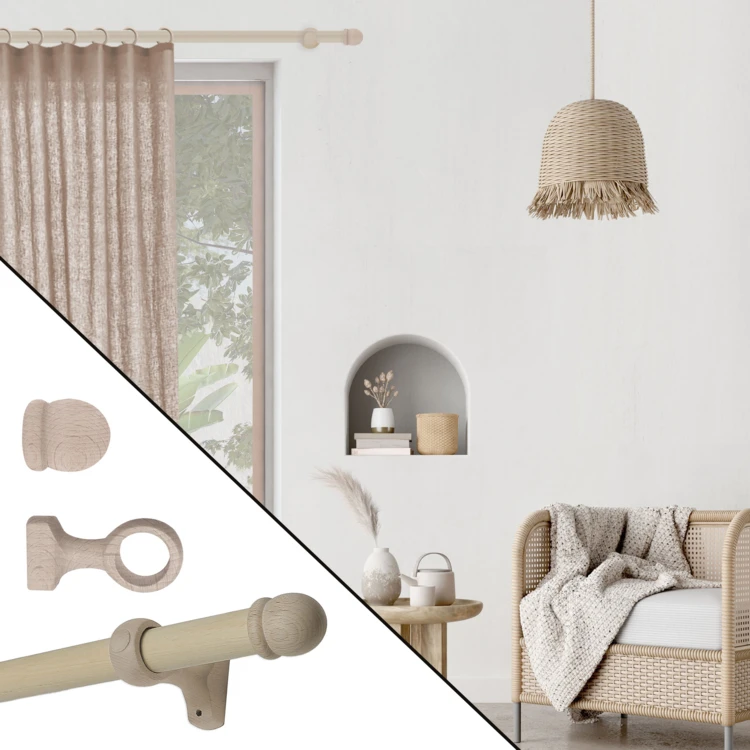 Kit tringle à rideaux en bois avec embouts ronds D28 mm