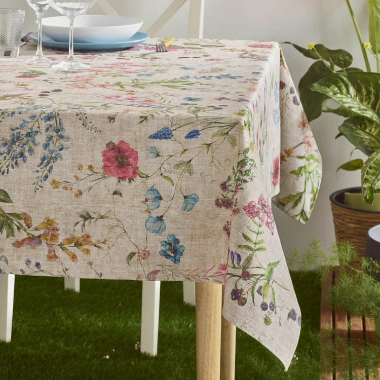 Nappe rectangulaire en coton enduit anti-tache fleurs