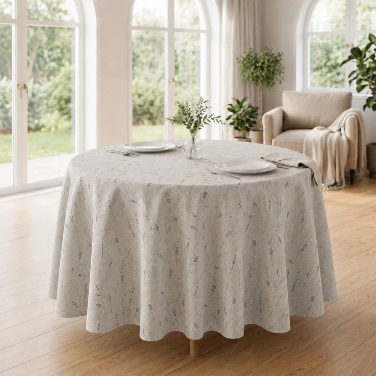 Nappe ronde en coton enduit anti-tache motif lavande