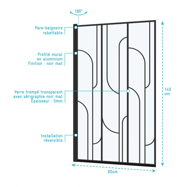 Pare-baignoire rabattable en verre trempé sérigraphié Art déco
