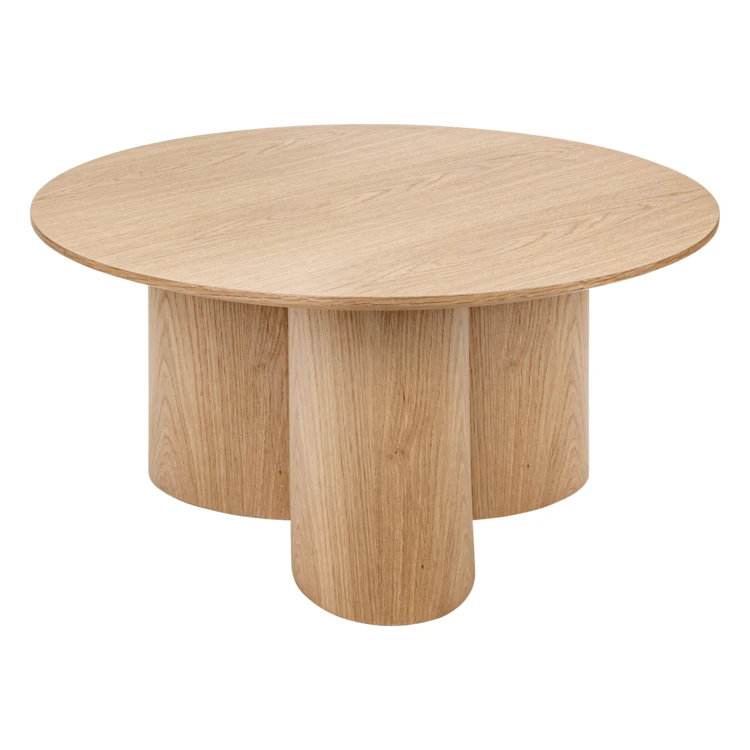 Mesa de centro redonda con aspecto de madera y base cilíndrica