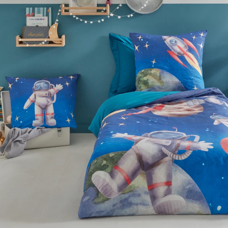 Housse de couette enfant percale de coton astronaute et fusée