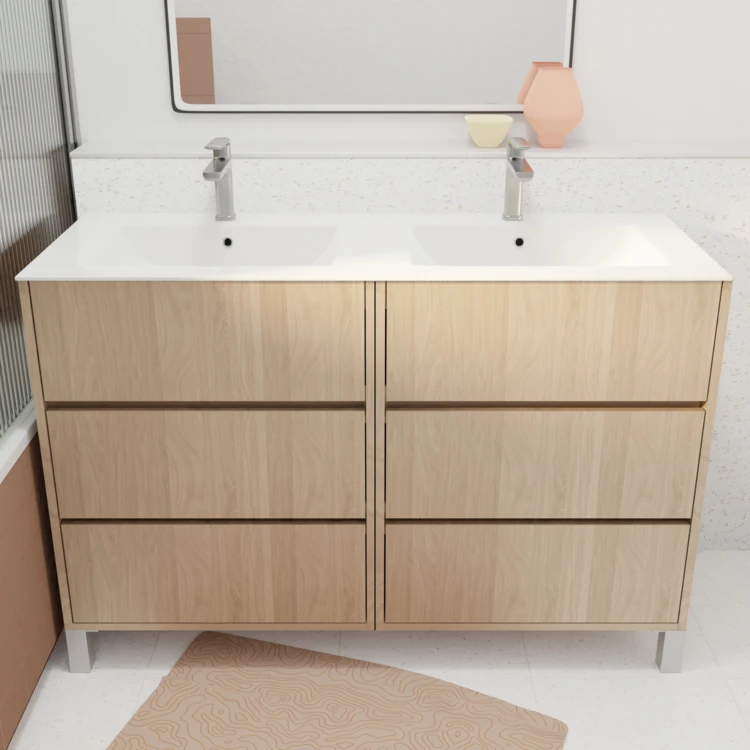 Meuble de salle de bains double vasque avec 6 tiroirs