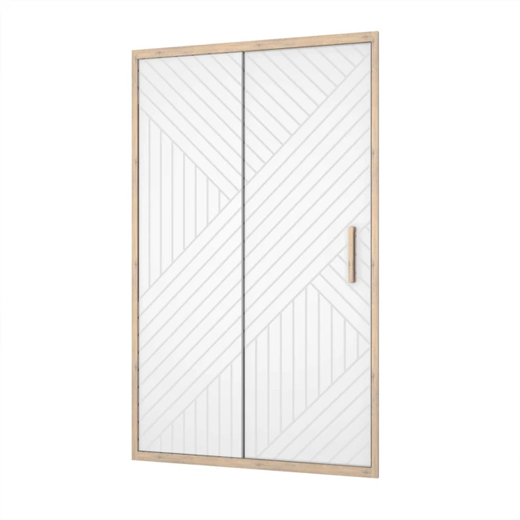 Porte de douche coulissante verre sérigraphié motif géométrique finition bois