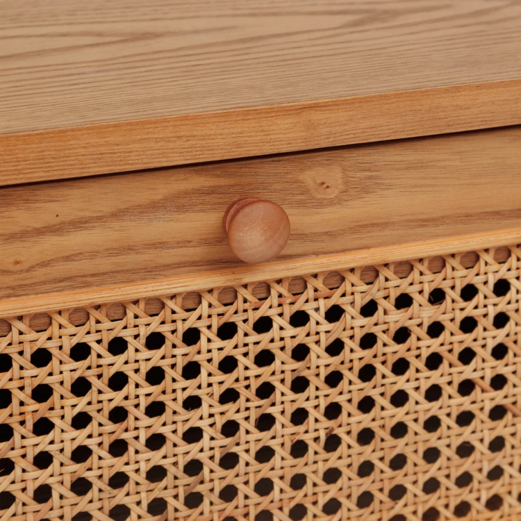 Houten commode met 3 laden en opengewerkt vlechtwerk