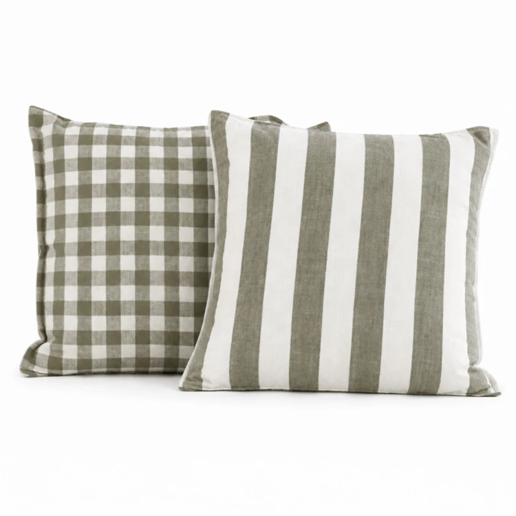 Housse de coussin recto-verso 100% coton rayures et vichy LOURMARIN