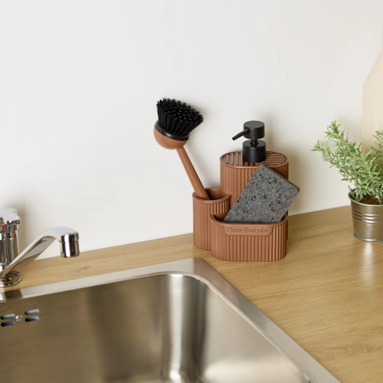 Distributeur de savon avec éponge et brosse à vaisselle