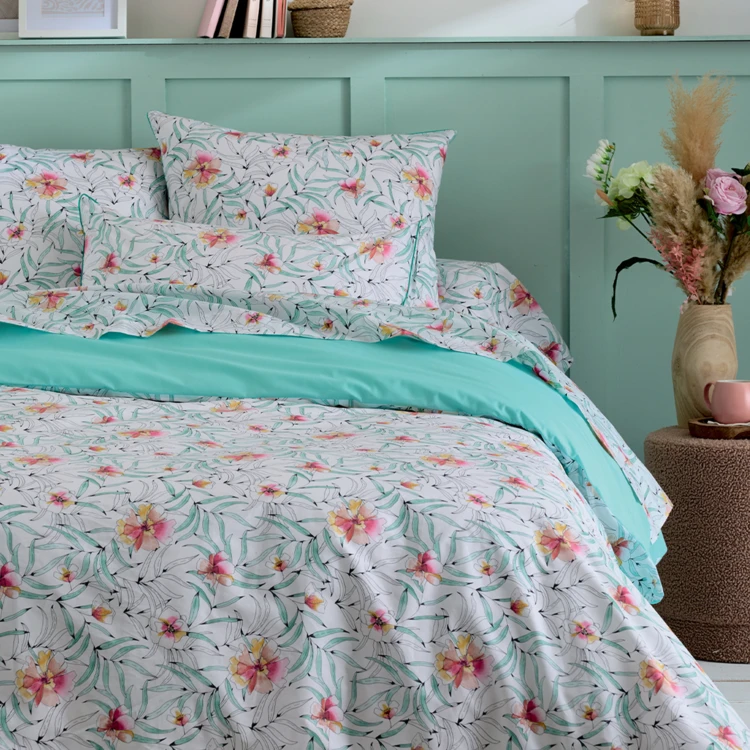 Parure de lit 2 pièces coton floral exotique housse + taie
