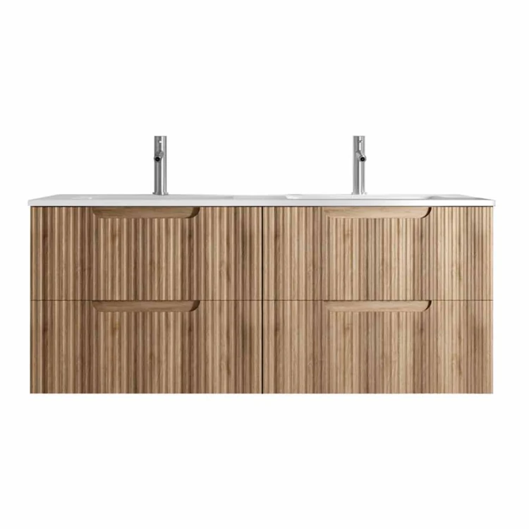 Meuble de salle de bain double vasque encastrée avec façade ondulée et rangements spacieux