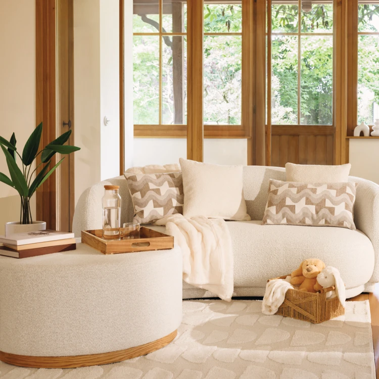 Pouf XL rond en tissu bouclette avec base bois