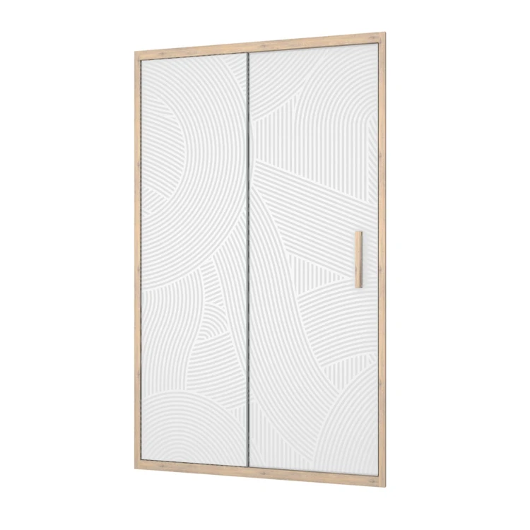 Porte de douche coulissante décor bois verre sérigraphié motif arrondi