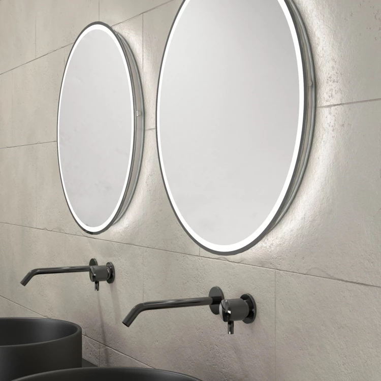 Meuble de salle de bains avec 2 vasques rondes et 2 miroirs ronds à led noir