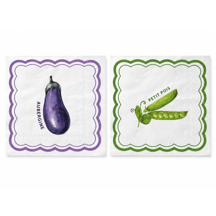 Lot de 20 serviettes en papier motif aubergine et petit pois