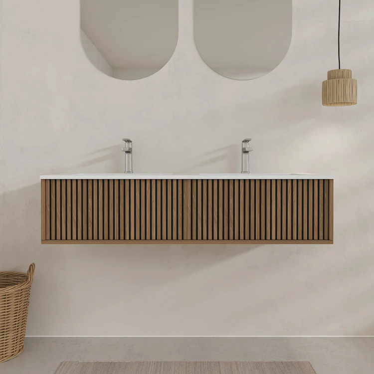 Meuble de salle de bain suspendu avec façade crantée et vasque encastrée