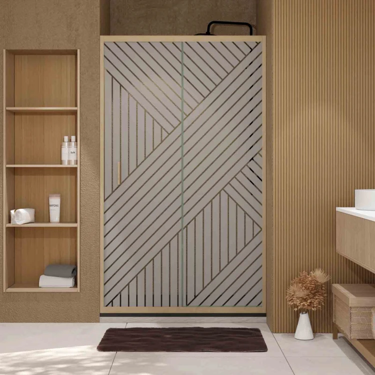 Porte de douche coulissante verre sérigraphié motif géométrique finition bois