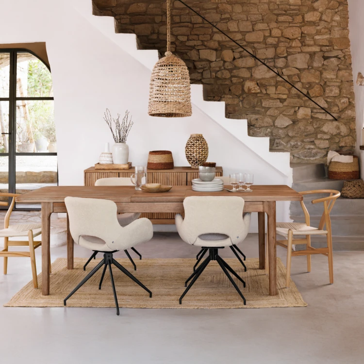 Mesa de comedor extensible de acacia maciza con extensiones